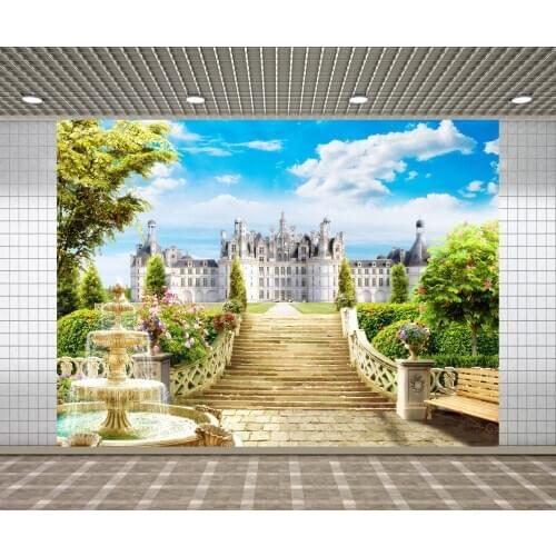 Lyavshi Vinyl Photographic Backdrop Floral Oil Printed European Manor Castle Flower Fountain Scenery Backgrounds Photo Prop