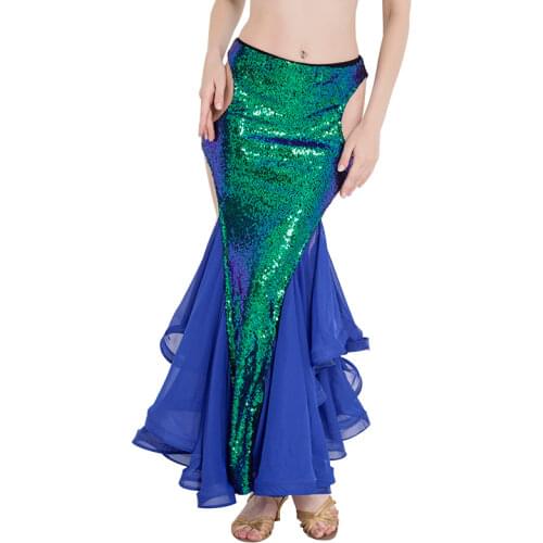 Women Slit Mermaid Skirt Long Sequin belly dance skirt chiffon belly dance costume fishtail skirt dancing Maxi Skirt dance wear