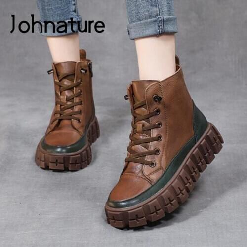 Johnature Shoes Women Boots Winter 2021 New Genuine Leather Zip Round Toe Wedges Retro Leisure Mixed Colors Platform Boots