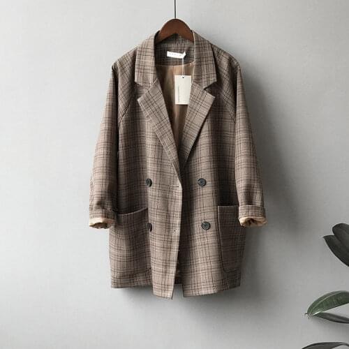 Female Slim Blazer Outwear Women Vintage Long Blazer Plaid Jacket Ladies Casual Double-Breasted Sashes Suit Jacket