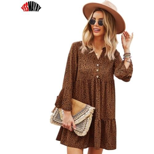 Long Flare Sleeve Dress Women Autumn Winter Elegant Leopard Womens Clothes Party Ladies Ruffles A Line Dresses Vestidos 2021