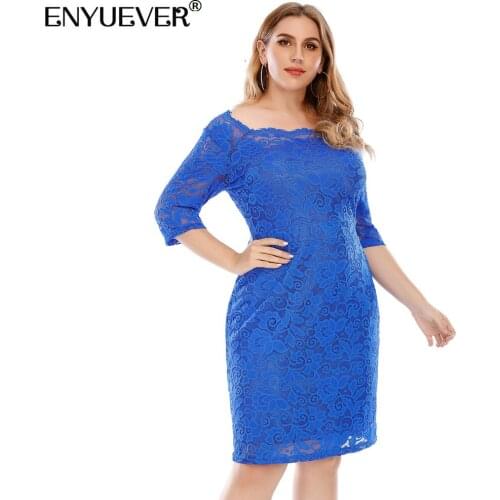 Enyuever Plus Size Lace Women Dress Summer Clothes 3/4 Sleeve High Waist Royal Blue Formal Evening Party Dress Festival Clothing