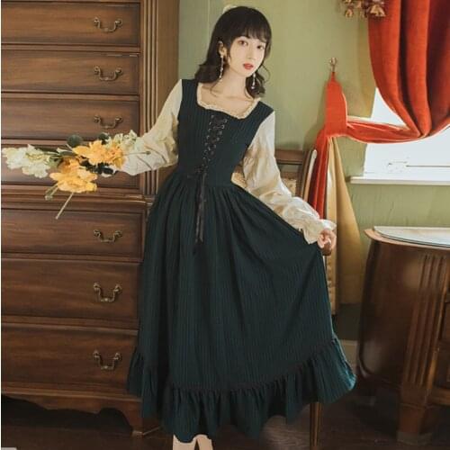 Mori Girl Style Women Dress Vintage Striped Flare Sleeve Square Collar Casual Lady Maxi Vestidos Robe Femme Autumn Spring