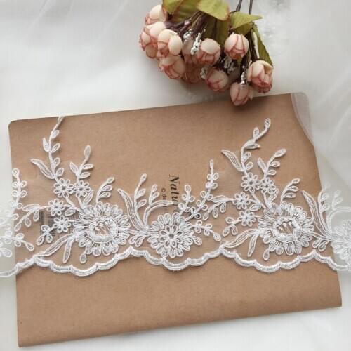 1Yds/lot 13.5cm wide off white car bone embroidery flower lace wedding dress veil headdress lace trims AC456