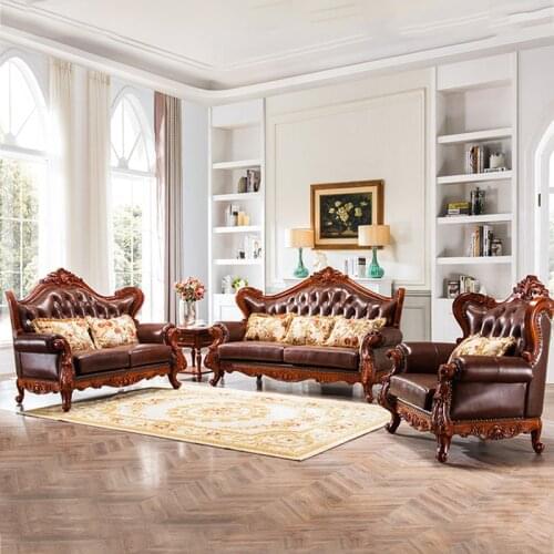 American Leather Art Carved Sofa European-style Solid Wood Leather Sofa Combination Furniture Large Apartment
