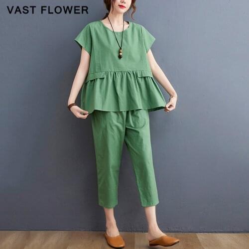 Cotton Linen Plus Size Two Piece Set Summer New Casual Short Sleeve T-Shirt Women Tops Loose Harem Pants Fashion Clothes 2021