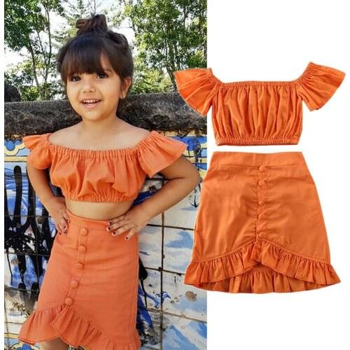 Toddler Baby Girls Clothes Kids Orange Off Shoulder Crop Top Ruffle A-Line Skirt 2PCS Outfit Childrens Clothing Set 1-6Y Summer