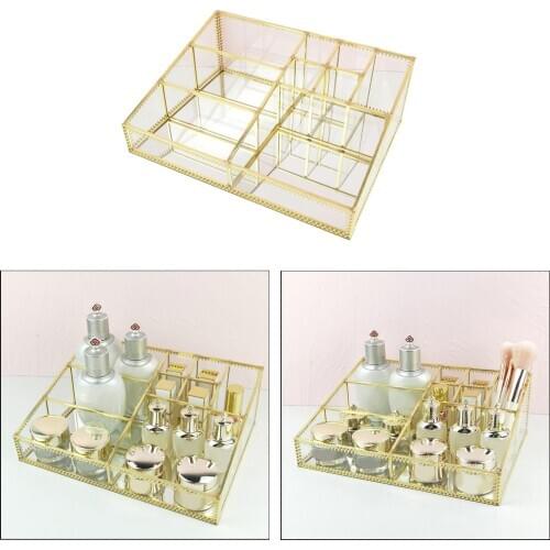 Cosmetic Storage Box, Geometric Countertop Cosmetic Storage Box Jewelry Display Organizer Decorative Plate Metal Glass Tray