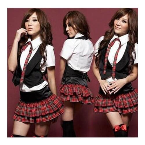 Sexy Temptation Womens School Girl Costumes Uniforms grid Vest Disfraces Adultos Performance Erotic New Year Costume WL167