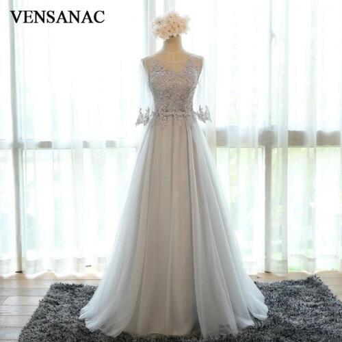 VENSANAC 2017 New A Line Embroidery O Neck Long Evening Dresses Half Sleeve Elegant Draped Sash Lace Party Prom Gowns