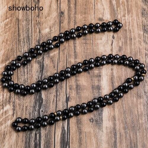 8mm Black Onyx Hematite Beaded Knotted Mala Necklace Mens Glamour Fashion Meditation Yoga Jewelry 108 Japamala Beads