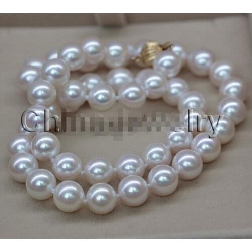 HOT## Wholesale AAA18" 9mm natural white perfect round seawater akoya pearl necklace - gold