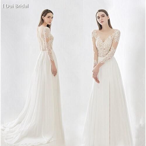 Boho Illusion Long Sleeve Wedding Dress with Split A Line Chiffon Lace Corset Bridal Gown 2020 New