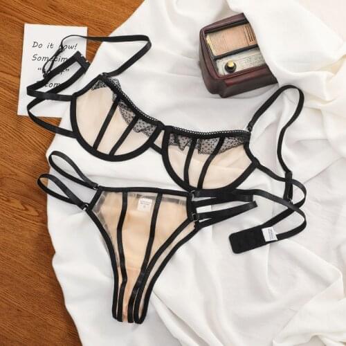Honviey Sexy lace ultra-thin perspective temptation solid bra set T pants transparent Ladies Lingerie Underwear with steel ring