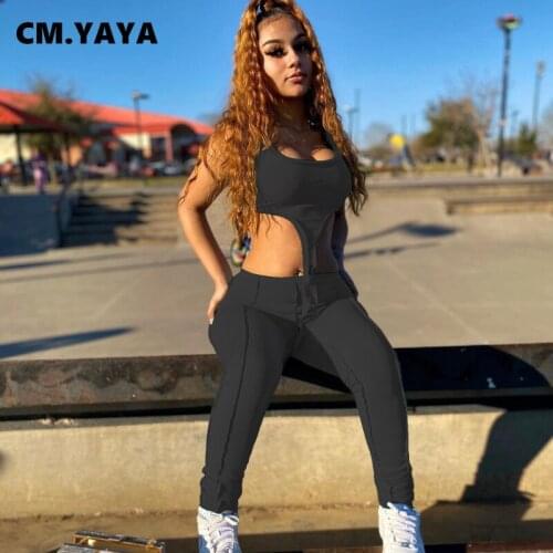 CM.YAYA Women Set Solid Sleeveless Crop Tank Tops Strechy Long Pencil Pants Two 2 Piece Sets Active Tracksuit Outfits Summer