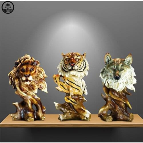 Tiger Head Faux Wood Horse Wolf Eagle Lion Statue Animal Sculptures Figurine Resin Art Craft Clubhouse Living Room Decoration