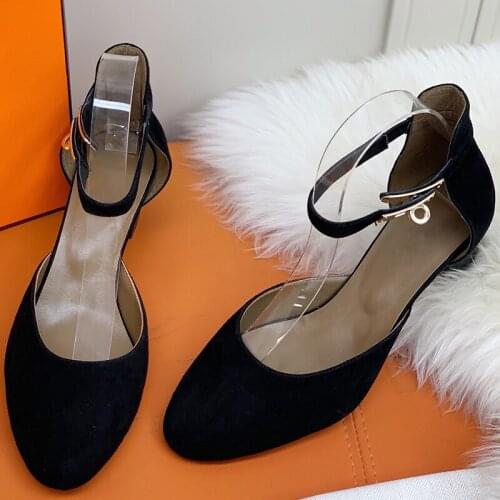 Zapatos Mujer Metal Buckle Strap 2021 New Genuine Leather Stiletto 4.5cm High Heels Pumps Black Street Style Party Shoes Sandale