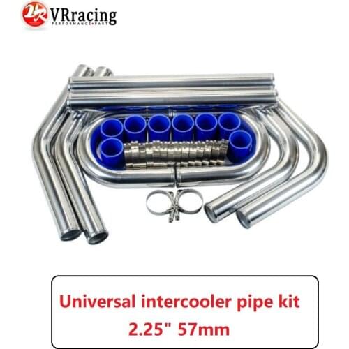 VR - 2.25" 57mm Turbo Intercooler Pipe 8 Pcs Chrome Aluminum Pipe + T-CLAMP+ SILICONE HOSES BLUE VR1717