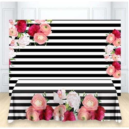 Party Backdrop And Tablecloth Black White Striped With Flowers Party Phtography Background Photocall Studio Baby Shower Supplies