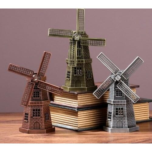 Vintage Antique Bronze Metal Dutch Holland Windmill Model Figurine Building Statue Desk Furnishings Home Art Table Decor