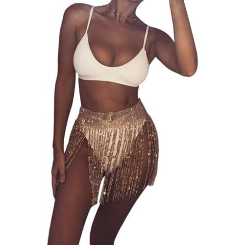 Womans Tassel Waist Chain Sexy Exaggerated Super Glittery Gleamy Body Necklace for Nightclub and Party Gold Silver Accessory