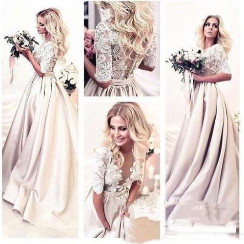 Champagne Robes De Mariage A Line Wedding Dress Long Lace Satin Illusion Country Bridal Gowns Back Buttons 1/2 Sleeve Bride