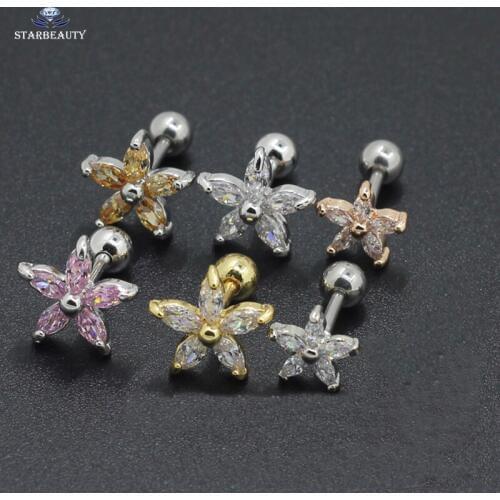 1.2*6mm Surgical Steel With Elegant Zircon Flower Ear Tragus Bar Cartilage Earring Stud Piercing Fashion Jewelry wedding Gift