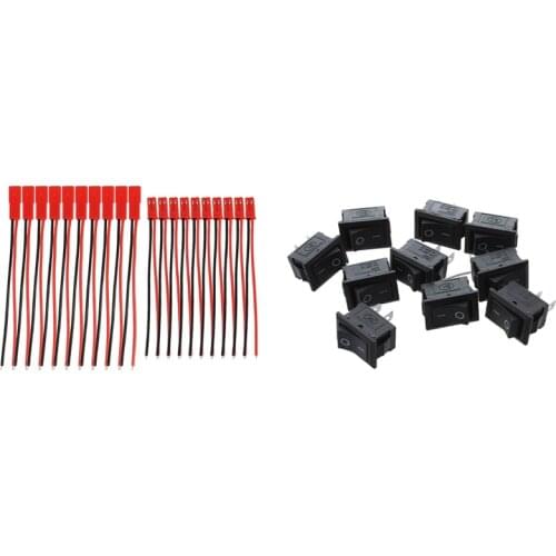 10 Pcs SPST Mini Black 2 Pin Rocker Switch AC 125V 10A 250V 6A with 10 Pairs 2 Pin JST Plug Socket Connector
