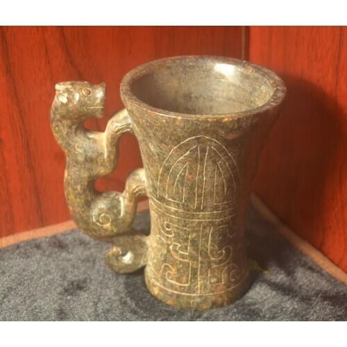 Big Treasure Talisman UniqueRoyal West Zhou Chinese Cultural Old Jade Beast Wine CUP Totem Statue Carving LS Timestown