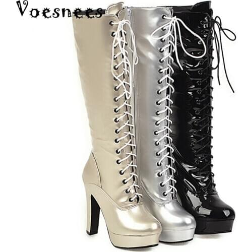 Voesnees Womens Shoes 2020 New Fashion Lace-up Knee-length Boots Women Waterproof Platform Shiny Thick Heel High-heeled Boots