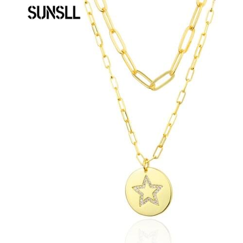 SUNSLL Trendy Gold Coin Zircon Pendant Necklace For Women 2Pcs/set Multilayer Chain Choker Necklace 2021 Fashion Jewelry Party
