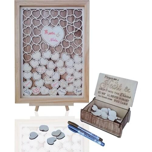 Wooden Personalized Wedding Guest Book Frame Alternative Carving Heart Shape Sign with Box Rustic Birthday Party Decor