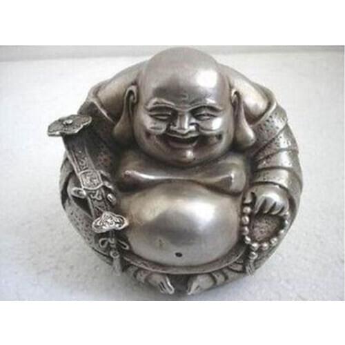Chinese Vintage Collect Rare Tibet Silver "happy "Buddha Statue wholesale factory Arts outlets 8cm