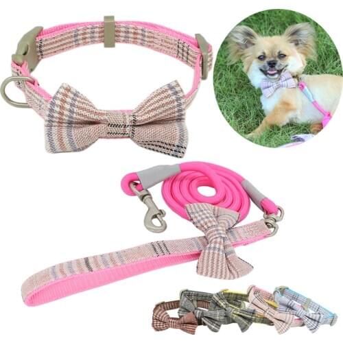 Dog Collar Leash Set Plaid Bow Nylon Adjustable for Small Medium Pet Cats Dog Leashes Durable Walking Running