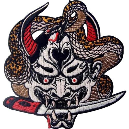 Hannya Oni Face Embroidered Patches Monster Biker Scared Motorcycle Iron on Jacket Chest Accessaries Decoration Customized DIY