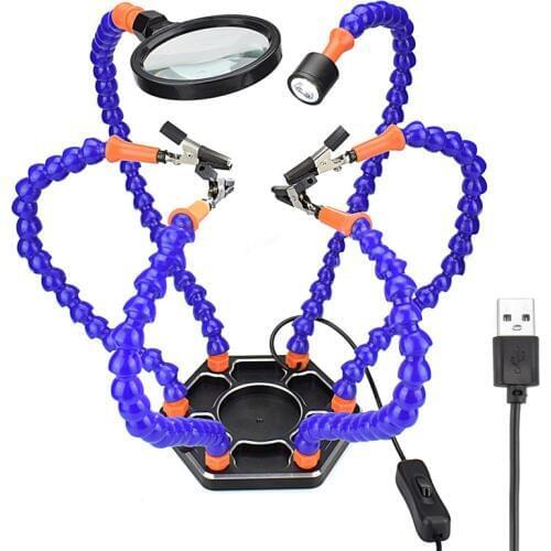 LED Light Helping Hands Magnifier Station 3X USB Lighted Magnifying Glass Stand with 5 Alligator Clips -for Soldering, Assembly