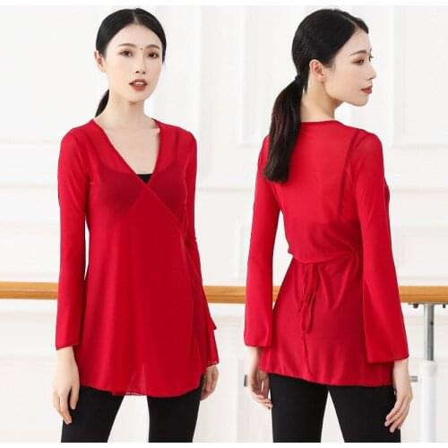 New Loose Gauze Classical Dance Clothing V Neck Long Sleeve Ballet Practice Top Cover-up String Back Mesh Blouse Plus Size 3XL