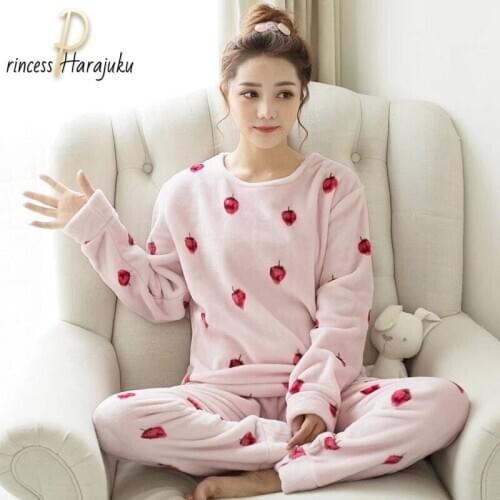 New 2-piece Set Autumn Winter Thick Warm Flannel Pajama Sets Cute Cartoon Animal Pyjamas Women Homewear Sleepwear Female Pajama