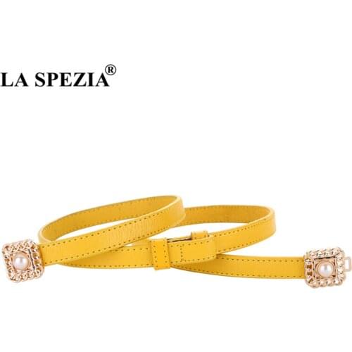 LA SPEZIA Yellow Women Belt Thin Waist Belt Pearl Buckle Female Strap Fashion Designer Ladies Belts for Dresses Accessories 95cm