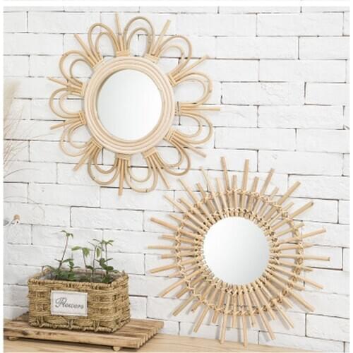 Rattan Bohemian Decor Mirror Round Wall Hang Decorative Mirrors Innovative Art Door Dressing Bathroom Living Room Makeup Mirror