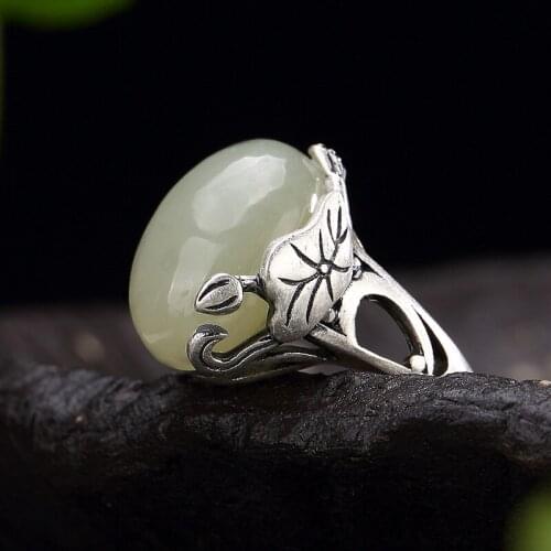 Silver Inlaid Natural Restoring Ancient Ways Ms High-grade Hetian Jade White Jade Lotus Leaf Wholesale Opening Ring