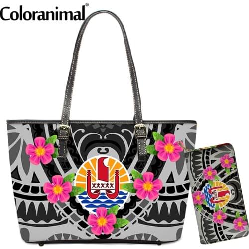 Coloranimal PU Leather 2Pcs/Set Shoulder Bag&Wallet Pretty Tahiti Polynesian Tropical Plumeria Printed Handbag for Women Sac Hot