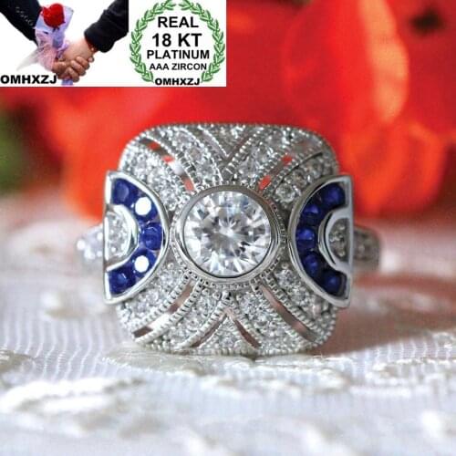 OMHXZJ Wholesale European Fashion Woman Man Party Wedding Gift Square White Blue Topaz AAA Zircon 18KT White Gold Ring RR623