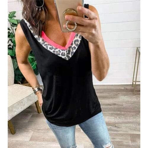 Leopard V-Neck Patchwork Fashion Women T-Shirts Sleeveless Summer Casual Tops 5XL Large Size Black Tee Lady Street Loose T-Shirt