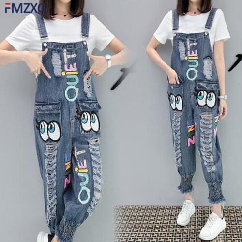 Female Jeans Jumpsuits Harajuku Style Korean Sequins Cartoon Letters Cute Hollow Hole Bib Denim Overall Bunch Pants Female