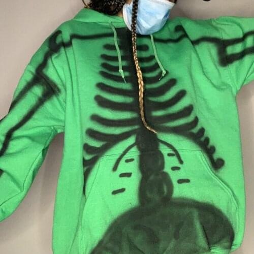 Womens Gothic Punk Style Skeleton Print Hoodies Long Sleeve Drawstring Pullovers Top with Pocket 2021 Autumn Loose Sweatshirts