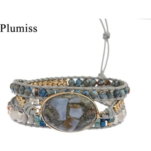 Leather Wrap Bracelet Oval Natural Stone Geometric Hematite Crystal Beads 3 Strands Bracelets Handmade Jewelry for Women