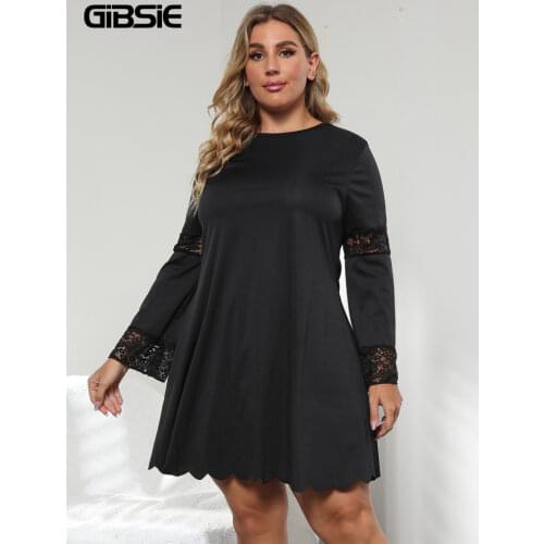 GIBSIE Black Lace Patchwork Long Sleeve Dress Scallop Trim O-Neck Mini Dresses Plus Size Women Autumn Casual A-Line Dress 2021
