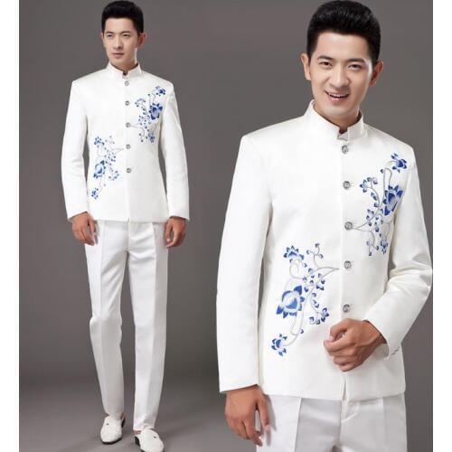 White stand collar porcelain costume slim men chinese tunic suit set with pants mens suits wedding groom formal dress suit +pant