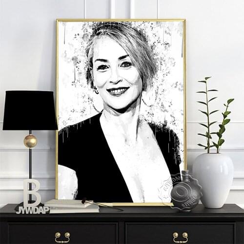 Sharon Stone Black White Watercolor Art Poster, Elegant Goddess Sketch Canvas Painting, Ireland Actress Portrait Wall Home Decor
